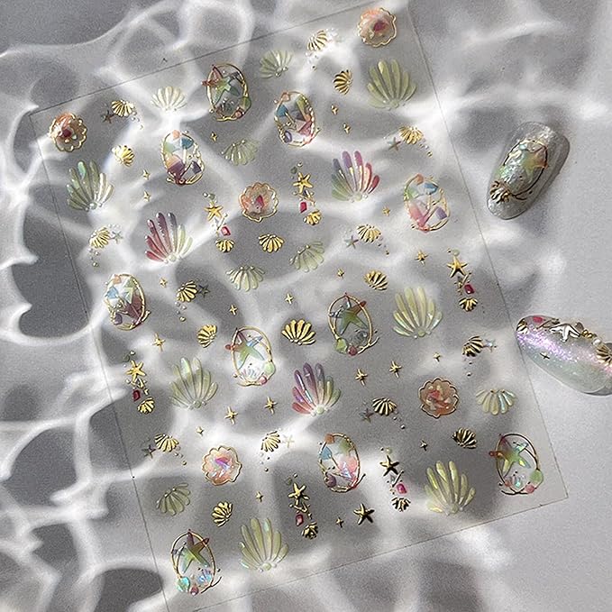 Summer Nail Stickers Starfish Nail Decals 3D Self-Adhesive Shiny Starfish Shell Nail Art Design Sticker Ocean Theme Nails Supplies Decoration Accessories for Women Acrylic Nails
