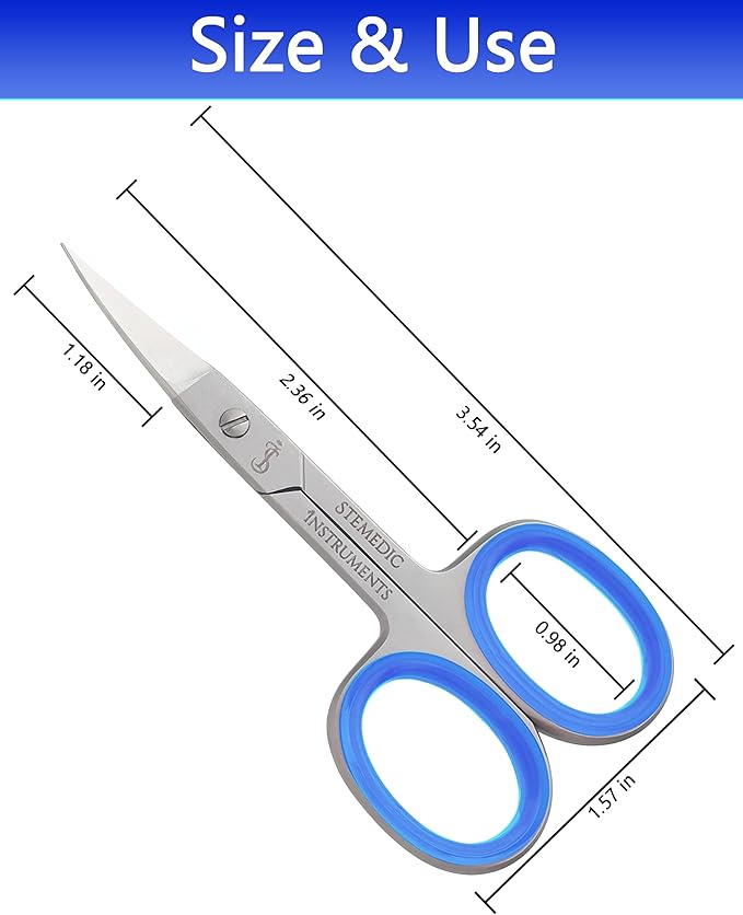 Nail Cuticle Scissors Curved Eyebrow Scissors for Nail, Cuticle, Eyelashes, Nose Hair, Mustache and Beard - Manicure and Pedicure Small Scissors for Men and Women (Blue)