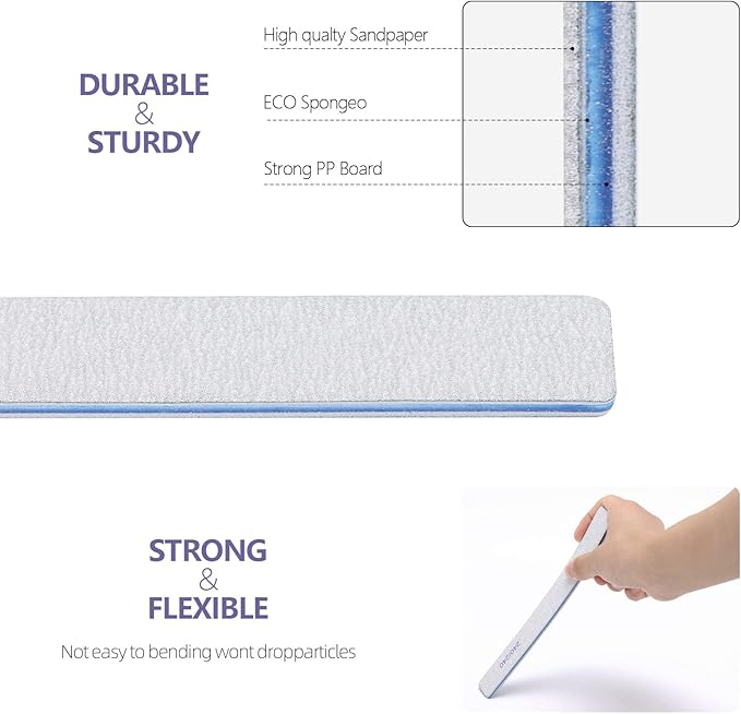 25 Pieces 150/150 Grit Rectangle Nail Files for Acrylic Nails, Reusable Buffering Files Double Sided Emery Boards for Natural Nails