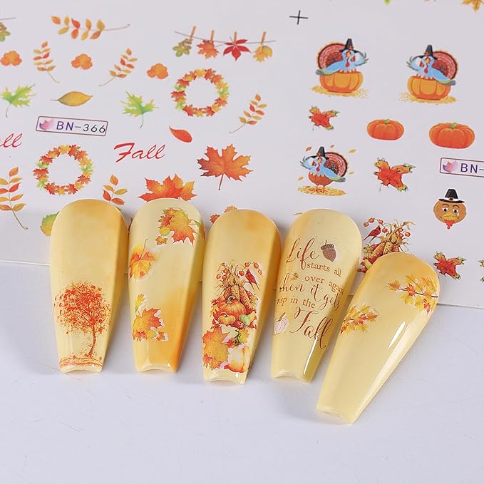 Fall Nail Stickers Water Decals 48 Designs Autumn Maple Leaf Water Transfer Nail Decals Turkey Pumpkin Squirrels Foxes Sliders Manicure Fall Sticker for Nail Decoration DIY Supplies 4 Sheets