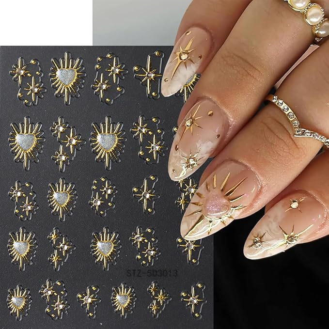 3 Sheets Star Moon Nail Stickers 5D Embossed Gold Stars Nail Art Stickers Shiny Star with Diamond Love Heart Sun Self-Adhesive Designs Chrome Nail Decals for Women DIY Decor Accessories