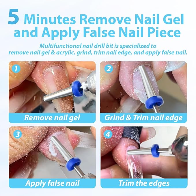 16mm 5 in 1 Nail Drill Bits for False Nail Apply, 3/32'' Tungsten Carbide Professional Bit, Slender Bit for Corners, Left & Right Hand Use, Manicure Cuticle Gel Polishing, Double Fine.