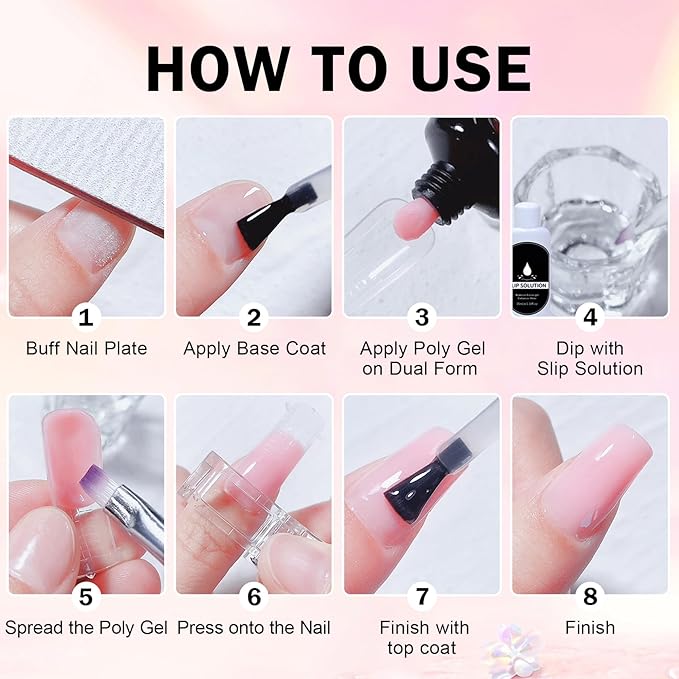 Poly Nail Gel Kit,10PCS Nude Poly gel Nail Kit Starter Kit,Kit De Poly gel Para Uñas Completo,with Slip Solution Dual Nail forms - Set B（Nude）