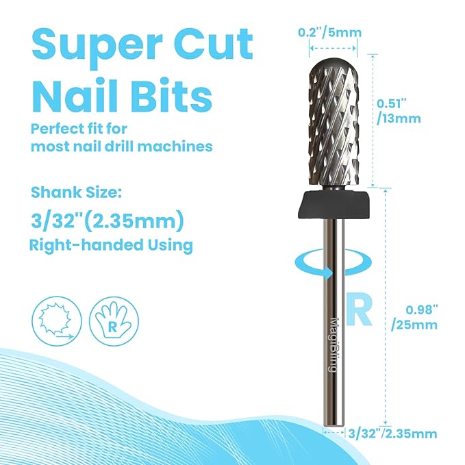 Super Cut Small Barrel 3/32'' Safety Tungsten Nail Drill Bits, Remove Gel Fast, Right handed, Manicure Cuticle Gel Polishing, Aggressive Bits for Professional Technician, Extra Coarse.