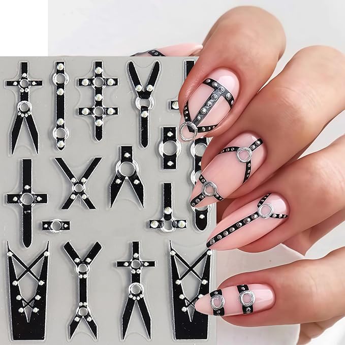 2 Sheets Black Punk Belt Nail Stickers Decals Y2K Relief Punk Nail Art Stickers 5D Embossed Leather Belt Nail Decals Black Silver Goth Belts Pink Bow Nails Design Nail Supplies for Women Manicure