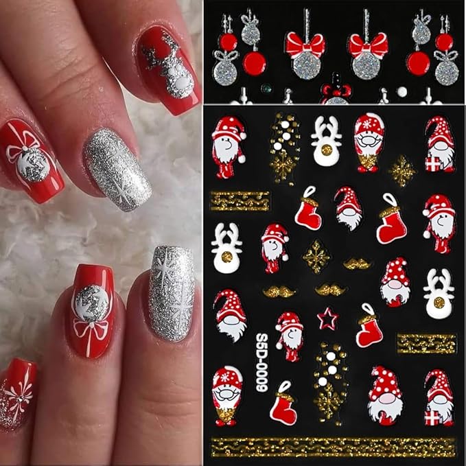 6Pcs Christmas Nail Stickers 5D Golden Silver Nail Decals DIY Self Adhesive Snowflake Tree Red Bow Design Nail Decoration Winter Nail Art Stickers Supplies Holiday Manicure Accessories for Women