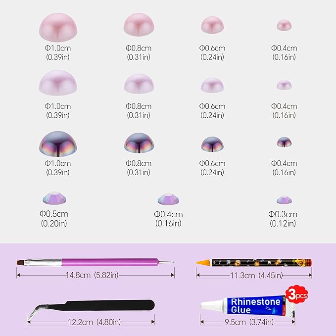 60g Light Amethyst Pearls Rhinestones for Crafts Mixed Size 3mm-10mm AB Color Round Half Pearls Flatback Pearl Beads and Resin Rhinestones Set for Face Art with Gel Gel