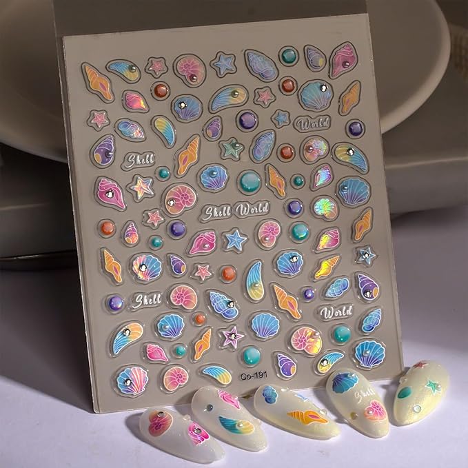 Ocean Nail Art Stickers Summer Nail Art Decals Marine Life Nail Stickers Starfish Seashell Nail Design Stickers with Pearl Rhinestone 5D Embossed Nail Decals Sea Nail Art Supplies for Women Manicure
