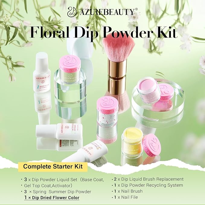 AZUREBEAUTY Dip Powder Nail Kit Bright Yellow with Base Top Coat Activator Dried Flowers for French Nails Art Manicure DIY Salon