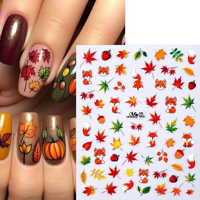 6 Sheets Fall Nail Stickers 5D Embossed Autumn Maple Leaf Nail Art Decals Thanksgiving Pumpkins, Fox, Squirrel, Ginkgo Leaf Design Self-Adhesive Fall Stickers for Nails DIY Manicure Supplies