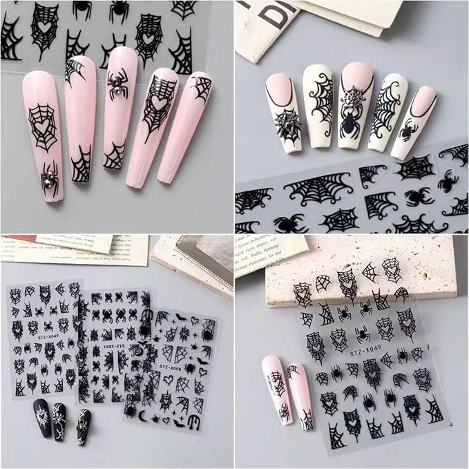 6Pcs Halloween Nail Stickers Spider Web Nail Decals DIY Self Adhesive Cobweb Nail Design Halloween Nail Decoration Supplies Holiday Manicure Accessories for Women