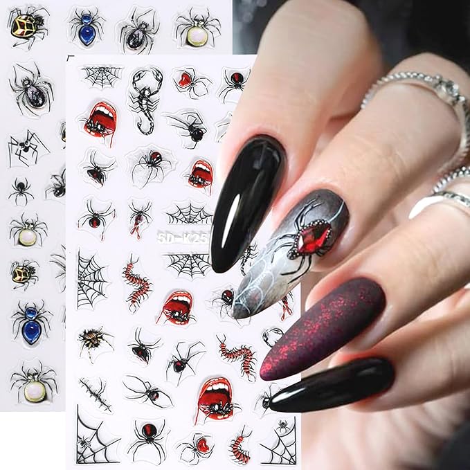 2Sheets Black Spider Nail Art Stickers 5D Embossed Spider Nail Decals with Gems Charms Designs Nail Stickers Self-Adhesive Centipede Spider Web Nail Decal for Women DIY Halloween Nails Decor Accessory