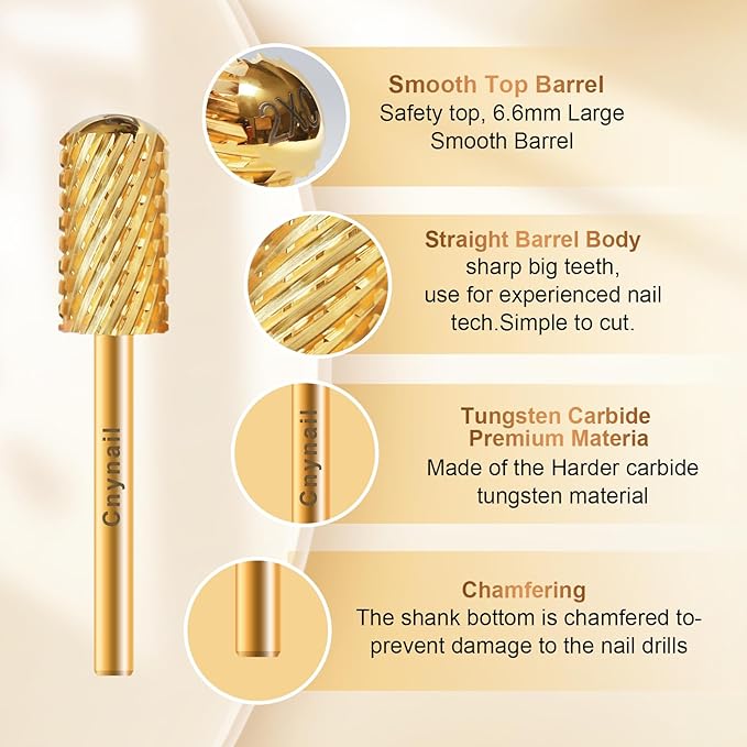 3/32" Large Barrel Smooth Round Top Tungsten Carbide Nail Drill Bit Safety Bit for Gel & Acrylic Removal, 2-Way Rotating Efile Tip, Salon Electric File Accessory (2XC Grit, Gold)