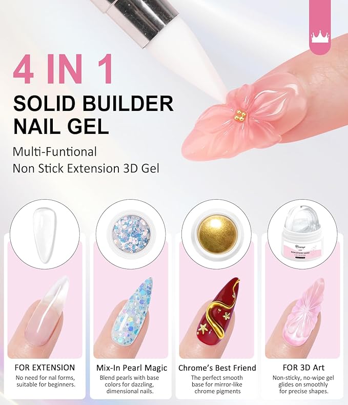 Solid Builder Gel and Chrome Nail Powder Kit BISHENGYF: 4 In 1 No Wipe 3d Sculpting Nail Gel Gold Aurora White Pearl Chrome Nail Powder Clear Non-Sticky Hand Extension Glue for Nail Decoration 30g