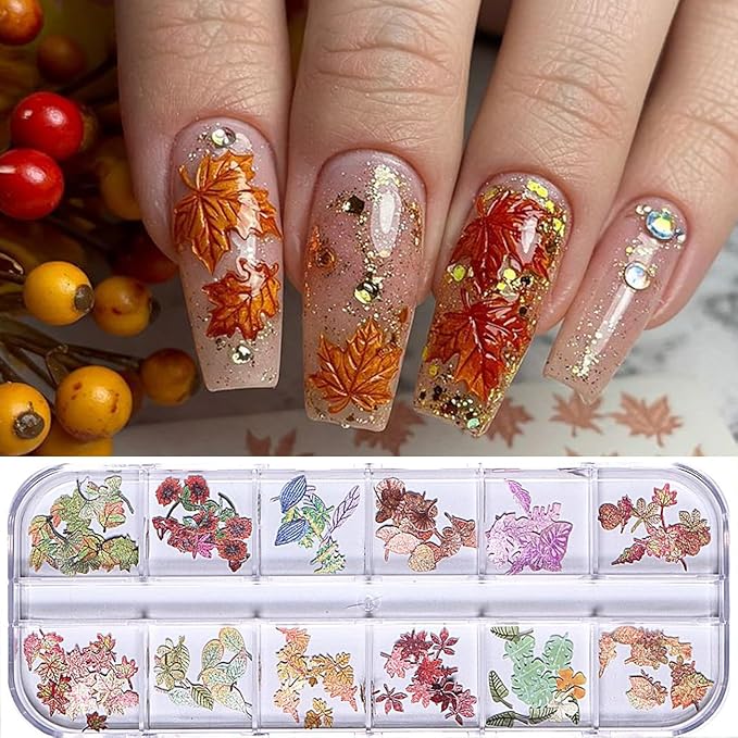 1Box Colorful Leaves Nail Art Flakes 3D Autumn Maple Leaf Wood Chip Slices Designs Nail Sequins Thanksgiving Glitter Nail Flakes Cute Leaf Maple Leaves Nail Sequin for Women DIY Manicure Crafts Decor