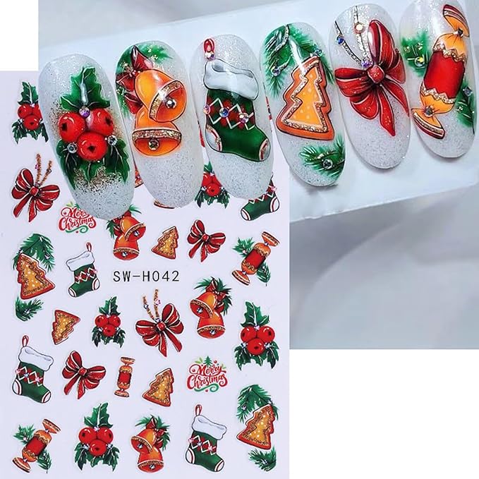 4Sheet Christmas Nail Art Stickers Santa Claus Elk Snowflake Nail Decals 3D Self-Adhesive Fireworks Clock Bow Designs Nail Supplies Winter Xmas Nail Sticker Nail Art for Women DIY New Year Nail Decor