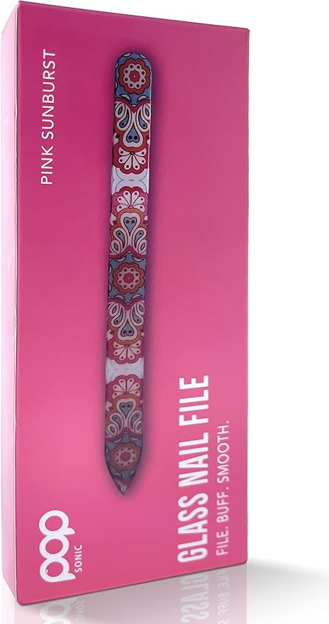 Pop Sonic Double-Sided Glass Nail File | Fingernail Files for Shaping & Smoothing Nails | High-Quality Tempered Glass | Strong, Wear-Resistant Filer w/Protective Carrying Case (Sunburst)