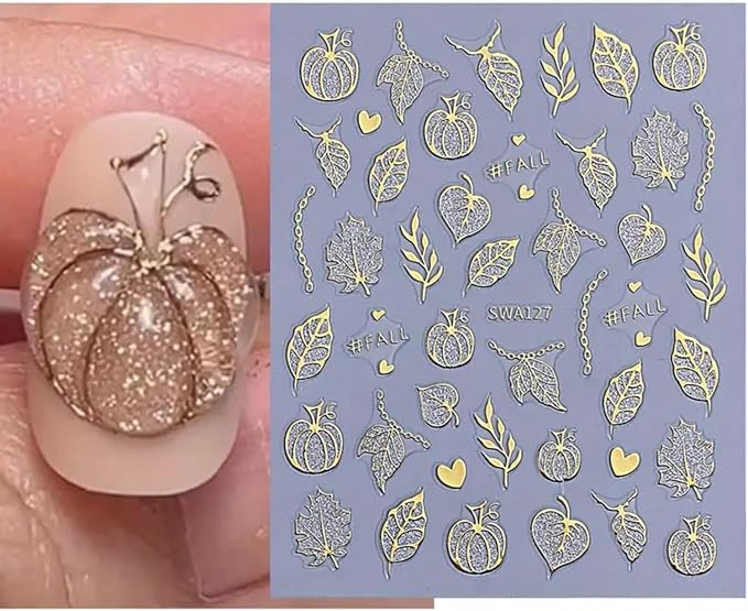 6Pcs Fall Nail Art Stickers Autumn Maple Leaf Nail Decals 3D Self-Adhesive Fallen Leaves Nail Stickers Cute Pumpkin Chain Nails Supplies Thanksgiving Manicure Sliders for Women Nails Art Decorations