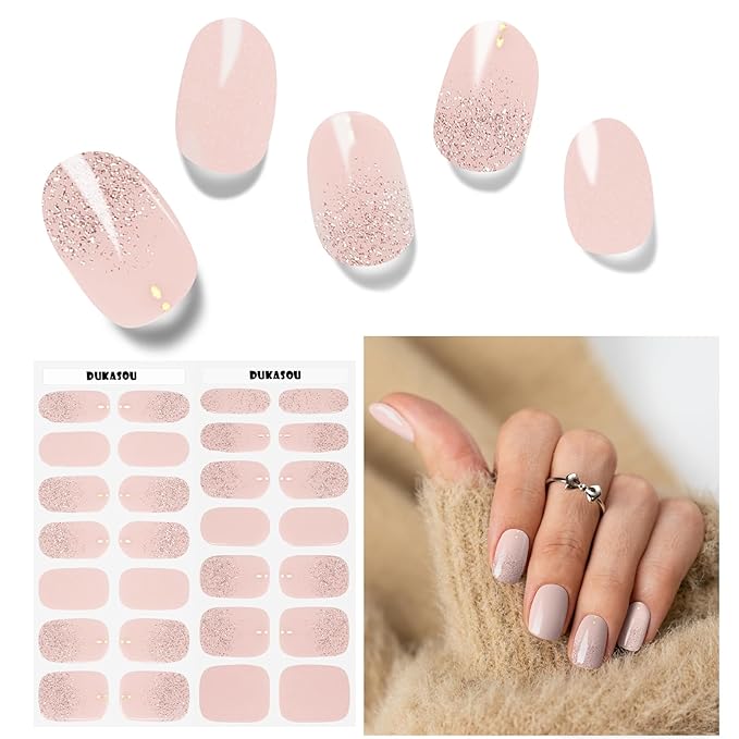Semi Cured Gel Nail Strips (Complexion), 28 pcs Gel Nail Stickers, Work with Any UV Lights, Long-Lasting NailWraps for Women, Salon-Quality, Easy to Apply & Remove