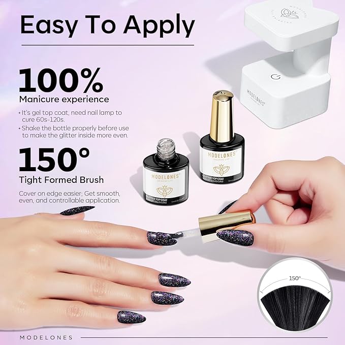 modelones Glitter Gel Nail Polish Top Coat, Rainbow Confetti Gel Top Coat with Scattered Sparkle Shimmer Sequins, Soak Off Long Lasting High Glossy Finish Home Salon DIY Manicure Nail Art 10 ML