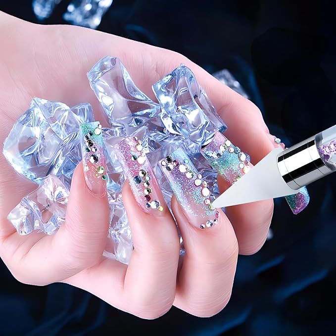 Rhinestone Picker Tool, Dual-ended Rhinestones Applicator Nail Art Design Tool, 2 Pack Acrylic Handle Nail Pen with 4 Extra Wax Tips and1 Tweezer