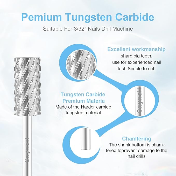 3/32" Large Barrel Bit Tungsten Carbide Nail Drill Bit Safety Bit for Gel & Acrylic Removal, 2- Way Rotating Efile Tip, Salon Electric File Accessory (3XC Girt, Silver)