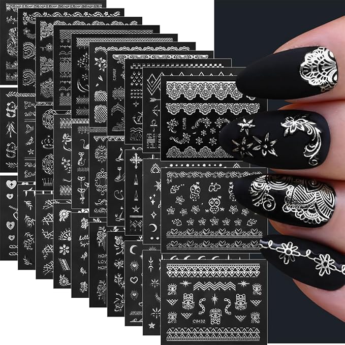 30 Sheets Silver Nail Sticker Silver Lace Nail Art Stickers Silver Retro Flower Star Moon Heart Cat Design 3D Self-Adhesive Nail Sticker Decals Nail Supplies for Women Girls DIY Nail Art Decoratio