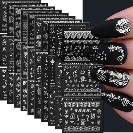 30 Sheets Silver Nail Sticker Silver Lace Nail Art Stickers Silver Retro Flower Star Moon Heart Cat Design 3D Self-Adhesive Nail Sticker Decals Nail Supplies for Women Girls DIY Nail Art Decoratio