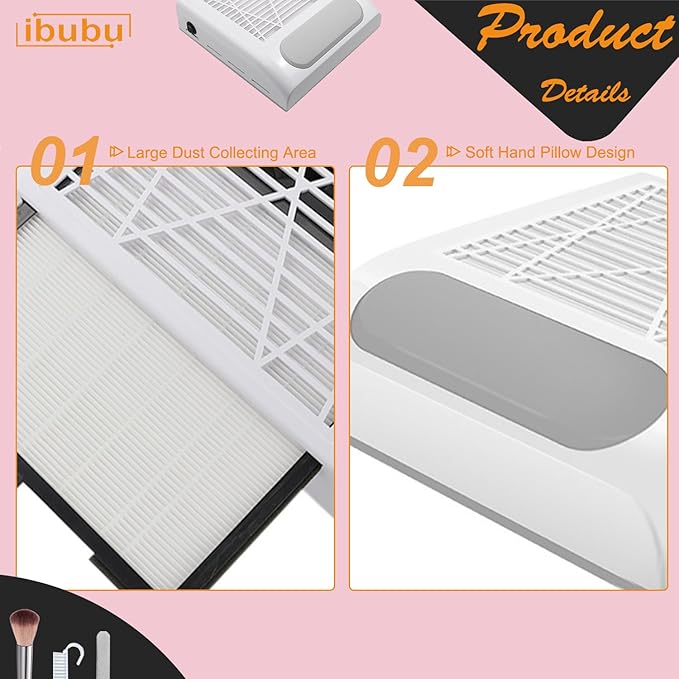 Nail Dust Collector Machine Professional Manicure Nails Dust Vacuum Cleaner Fan Nail Salon Dust Extractor 80w Powerful Nail Vacuum Dust Collector with Multiple Tool Kits Low Noise White