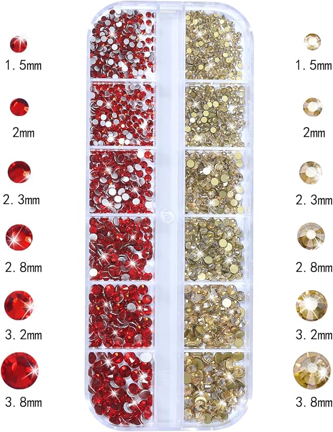 HNUIX Nail Rhinestones for Nails - 3D Multi Shapes, Flat Back, Small Nail Gems, Champagne Gold & Red Nail Diamonds, with Kit, for Nail Art, DIY Decor