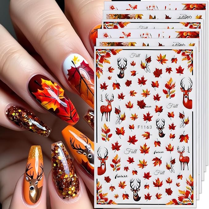 Fall Nail Art Stickers Autumn Maple Leaf Nail Decals 6PCS Autumn Leaves Deer Design 3D Self-Adhesive Nail Art Decorations Supplies Fall Stickers for Nails Women Thanksgiving Day DIY Manicure Decor
