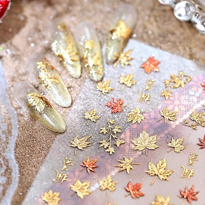 2 Sheets 5D Embossed Maple Leaf Nail Stickers for Nail Art Fall Nail Art Stickers Red Gold Embossed Maple Leaves Shiny Fall Nails Art Sticker Thanksgiving Day Gold Maple Leaf Nail Supplies for Women