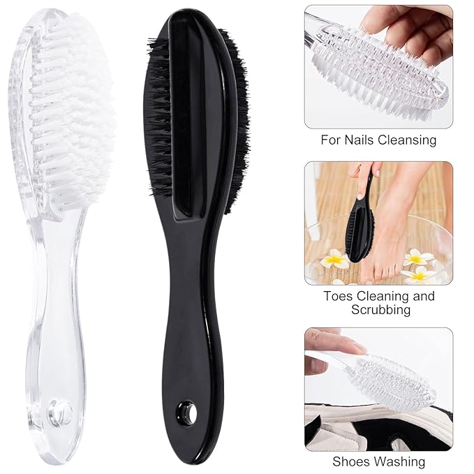 Nail Brush for Cleaning Fingernails 4 PCS, Long Handle Grip Double Sided Nail Foot Scrub Brush Fingernail Cleaner, Soft Stiff Bristles Pedicure Nail Scrubber Non-Slip for Men Women Clear White