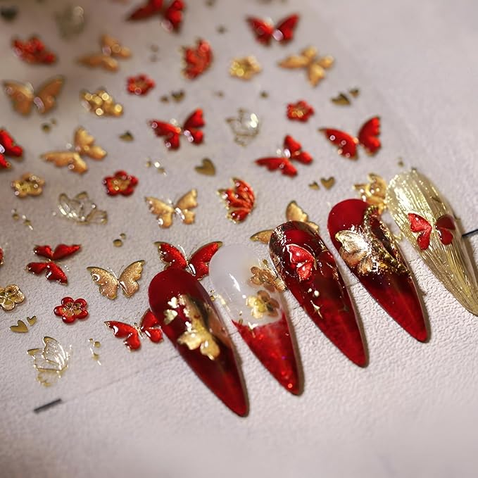 Butterfly Nail Stickers for Nail Art 5D Embossed Flower Nail Art Stickers Green Red Gold Butterfly Nail Decals Self-Adhesive Spring Summer Nail Design for Women Girls 2Sheets