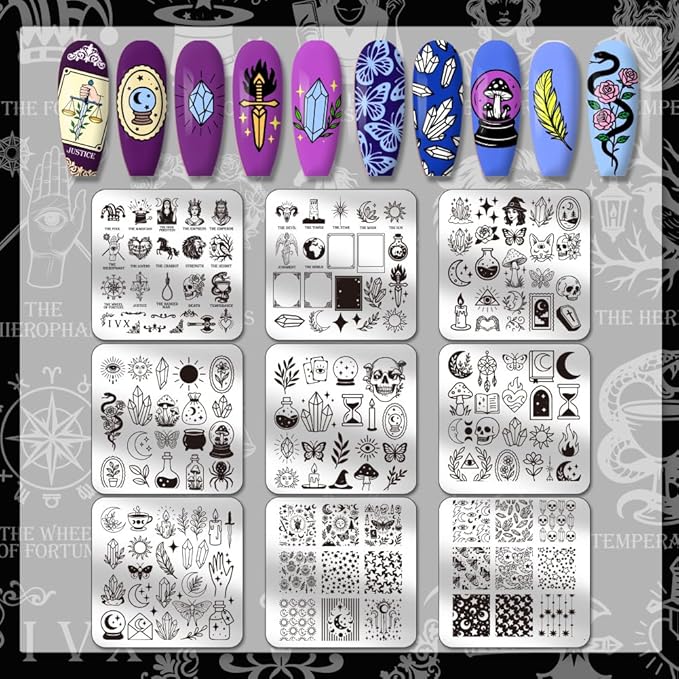 PH PandaHall 9pcs Magic Elements Nail Stamping Plates Tarot Cards Nail Art Designs Moon Star Manicure Art Templates with Stamper and Scraper for Women Halloween Manicures Salon Printing