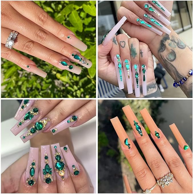 Emerald Green Nail Rhinestones Multi Shapes Flatback Green Crystals Gems Round Beads K9 Glass Stones Diamonds jewels Nail Art Supplies Nail Charms for Nails Faces Eyes Makeup Crafts DIY