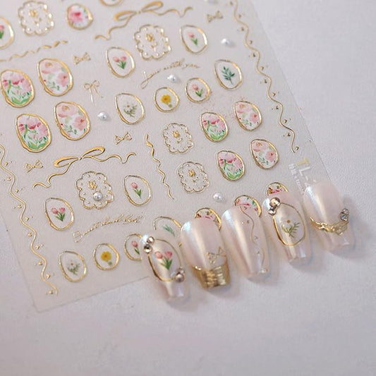 Flower Nail Art Stickers 5D Embossed Nail Stickers Tulip and Gold Hollow Nail Decals for Nails Art Designs Self-Adhesive Nail Art Supplies for Women Girls Summer DIY Manicure