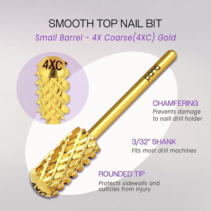 PANA 3/32" Small Smooth Round Top Safety Carbide Nail Drill Bit for Gel Polish & Acrylic Removal Nail Salon Manicure Pedicure Electric File Tools (Small Barrel - Gold, 4X Coarse)
