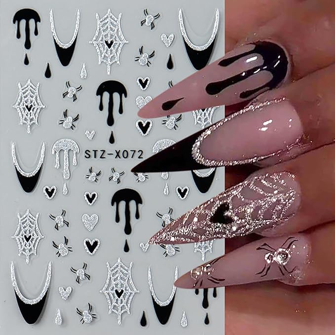 Halloween Nail Art Stickers 3D Self -Adhesive Glitter Powder French Heart Spider Web Nail Decals Holographic Black White Butterfly Wings Ghost Design Nail Stickers Halloween Nail Decoration for Women