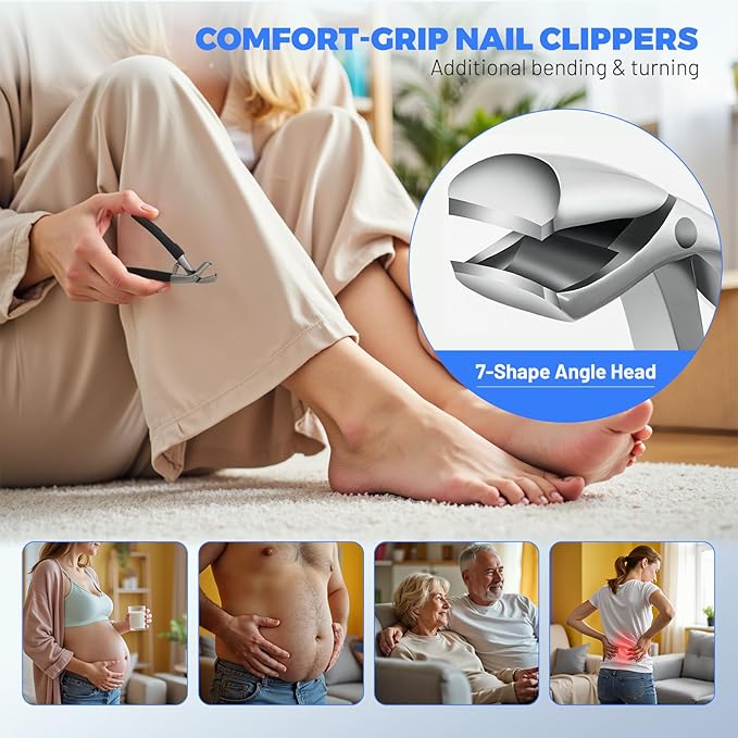 Heavy Duty Toenail Clippers for Seniors with Thick Toenails, Nail Clippers for Men & Women, Slanted Curved Blade with Angled Head, Wide Jaw Toenail Cutter with Catcher & Long Handle 5 Piece Set
