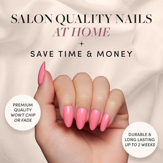 Glamnetic Press On Nails - Flamingo Pink | Opaque Classic Pink Short Almond Fake Nails, Salon Quality | 15 Sizes - 30 Nail Kit
