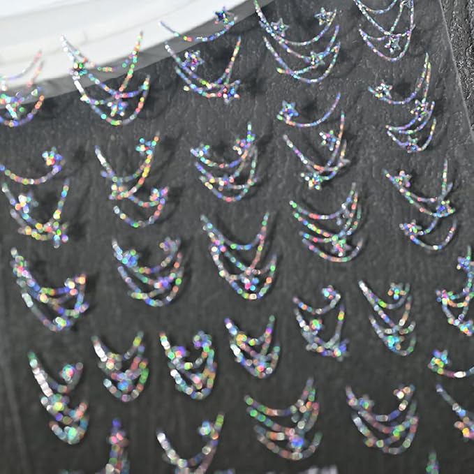Star Chain Nail Art Stickers Decals Aurora French Star Chains Nail Stickers 1PCS Hot Stamping Silvery Stars Stripe Elegant Self-Adhesive Design Manicure Sliders Accessories for Women Nail Decorations