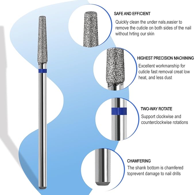 Cuticle Nail Drill Bit, 3/32'' Professional Safety Diamond Under Nail Cleaner for Cuticle Dead Skin Nail Prepare, Beginners Bits, Experienced Tech,Cone Shape (Medium)