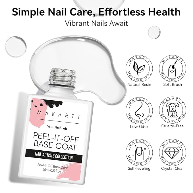 Makartt 15ml No Wipe Gel Top Coat and Peel Off Base Coat Set - 2Pcs Shine Finish Long Lasting No Filing Soak Off Clear Top Base Gel, UV LED Nail Lamp Required, for Women Nail Art DIY