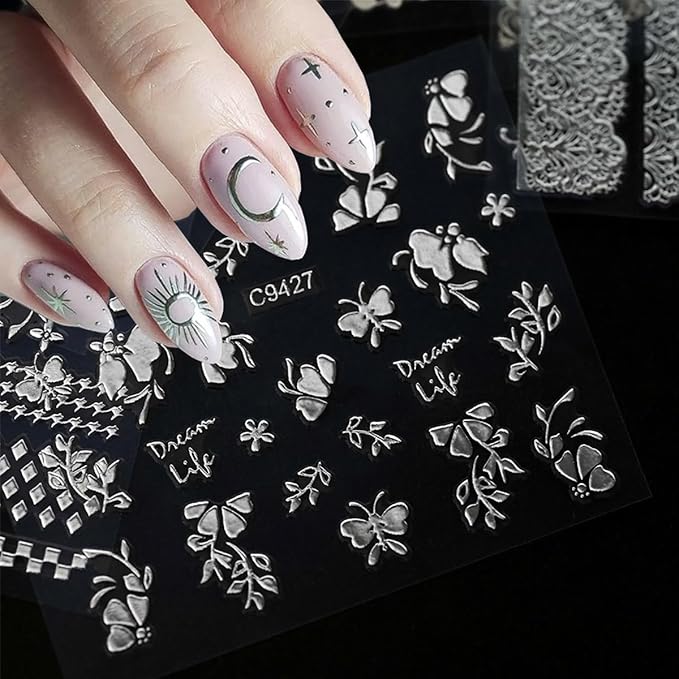 30 Sheets Star Moon Nail Stickers Cute Little Cat Nail Art Stickers 3D Silver Heart Nail Decals Self-Adhesive Retro Nail Supplies Line Flower Leaf Nail Art Design Manicure for Women DIY Acrylic Nails