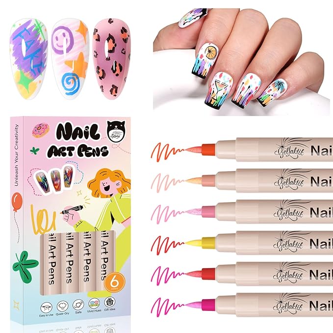 6 Colors Nail Art Pens, 3D Nail Polish Pens Set 0.7mm Quick-Drying Acrylic Paint Markers Dotting Liner Drawing Pens for Nail Design, DIY Home Salon Manicure Tools Halloween Beginners Gifts