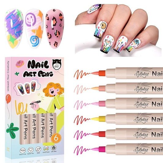 6 Colors Nail Art Pens, 3D Nail Polish Pens Set 0.7mm Quick-Drying Acrylic Paint Markers Dotting Liner Drawing Pens for Nail Design, DIY Home Salon Manicure Tools Halloween Beginners Gifts