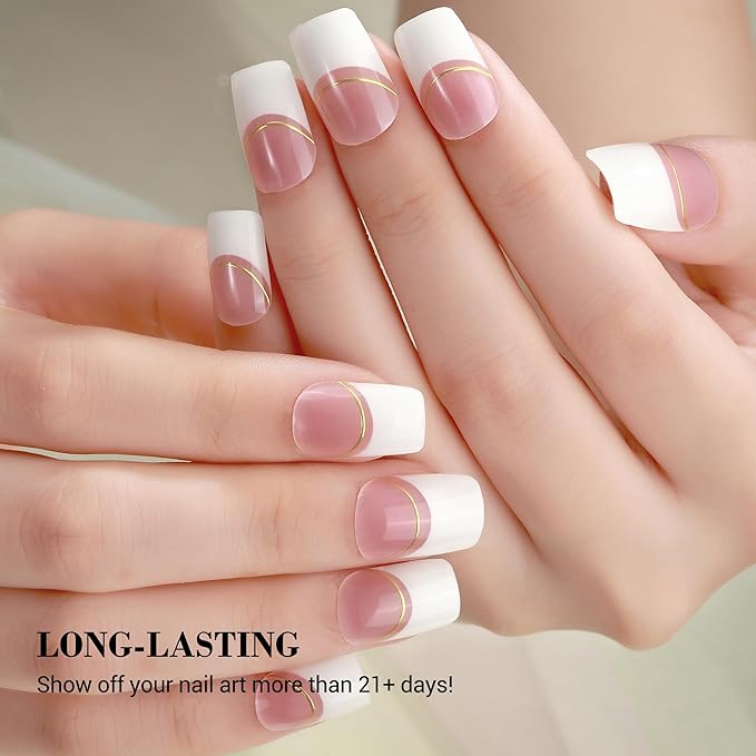 MelodySusie Semi Cured Gel Nail Strips (Elegant French Tips), 20 PCS Designed Gold Line Gel Nail Stickers, Gel Nail Wraps, UV Light Required, Durable and Salon Quality