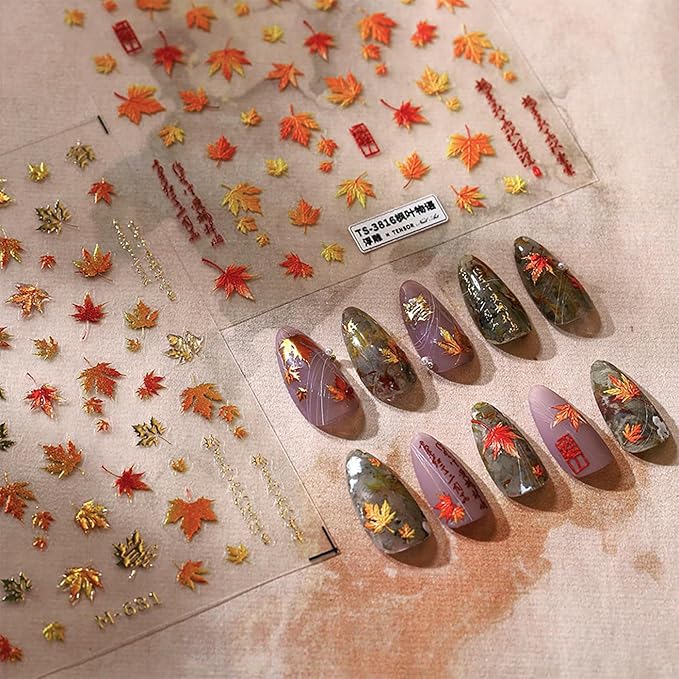 Fall Maple Leaves Nail Art Stickers for Thanksgiving, Gold Maple Leaves Nail Decals 5D Embossed Fall Nail Art Supplies for Women Girls Nail Decoration