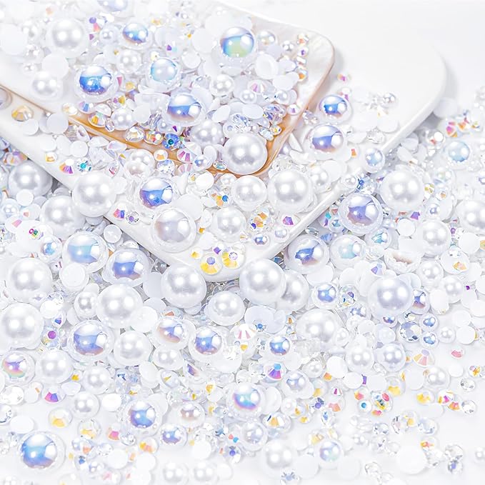 60g White Flat Back Pearls Rhinestones for Crafts Mixed Size 3mm-10mm AB Color Round Half Pearls Flatback Pearl Beads and Resin Rhinestones Set for Face Art with Glue